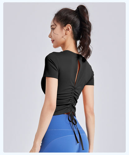 New Drawstring Ruched Yoga Crop Top for Women, Built-in Fixed Chest Pad, Slim Fit Beauty Back Sports Fitness Top