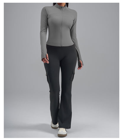 Plus Size Zip Up Sports Jacket, Stretch Slim Fit Yoga Top, Euro Size Figure-Flattering Long Sleeve Workout Coat for Women