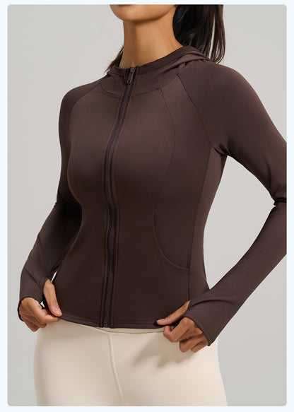 Women's New Spring Hooded Yoga Jacket with Pockets, Slim Fit Workout Sports Coat