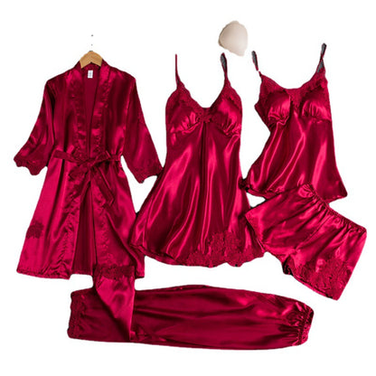 Girls' Battleship Spring/Summer sleepwear, Women's Sensual Five-Piece Silk Thin Nightgown with Padded Bra