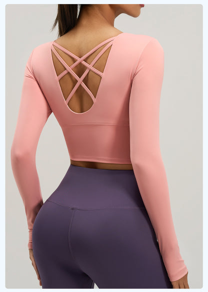 Women's Crisscross Beauty Back Long Sleeve Yoga Top, Built-in Bra, Slim Fit Sports Fitness Shirt