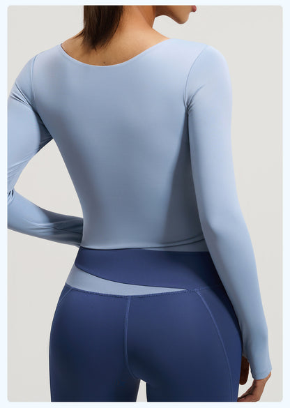 Women's Peach Color Block Long Sleeve Yoga Top, Naked Feel Slim Fit Sports Running Workout Shirt
