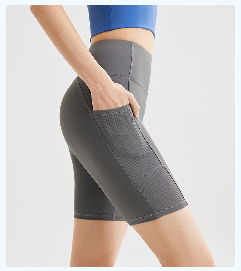 Women's Striped Yoga Shorts with Pockets, High Waist Butt Lifting Tummy Control, Workout Running Tight Yoga Pants
