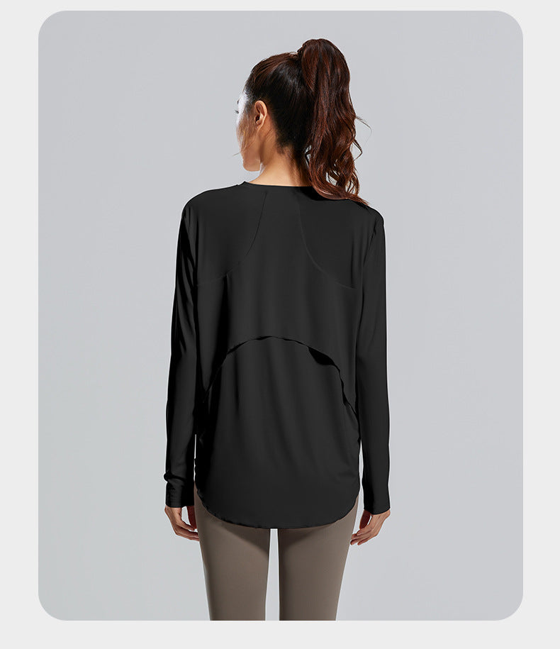 New Ice Silk Yoga Cover-Up, Round Neck, Loose Fit, Breathable & Versatile Long Sleeve Sports Yoga Shirt for Women