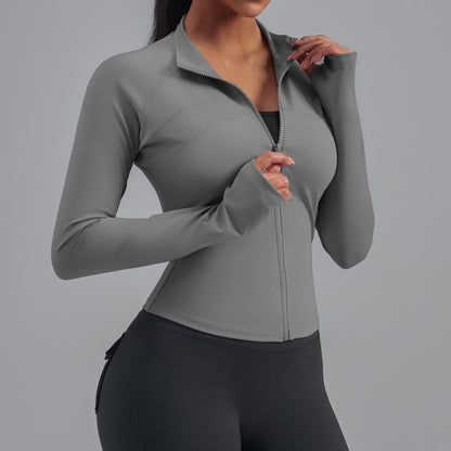 Plus Size Zip Up Sports Jacket, Stretch Slim Fit Yoga Top, Euro Size Figure-Flattering Long Sleeve Workout Coat for Women