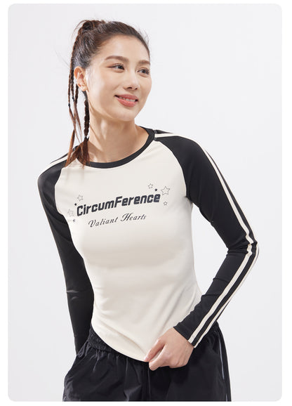 Women's Retro Crew Neck Long Sleeve Yoga Shirt, Letter Print Color Block Ribbon, High Stretch Slim Fit Top