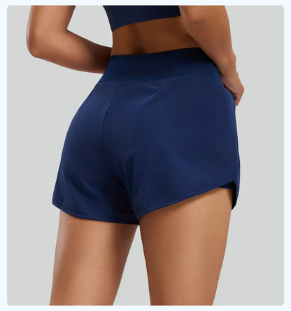 Women's Fake Two-Piece Sports Shorts, Breathable Anti-Exposure, Side Pockets, 3-Inch Running Fitness Yoga Shorts