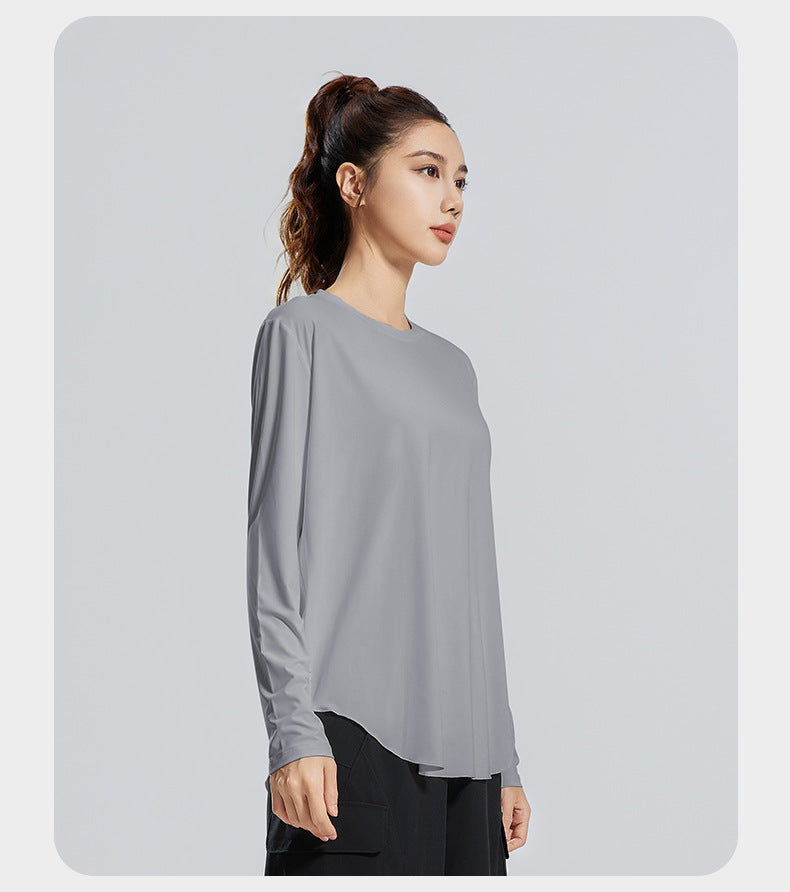 New Ice Silk Yoga Cover-Up, Round Neck, Loose Fit, Breathable & Versatile Long Sleeve Sports Yoga Shirt for Women