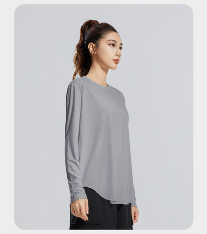 New Ice Silk Yoga Cover-Up, Round Neck, Loose Fit, Breathable & Versatile Long Sleeve Sports Yoga Shirt for Women