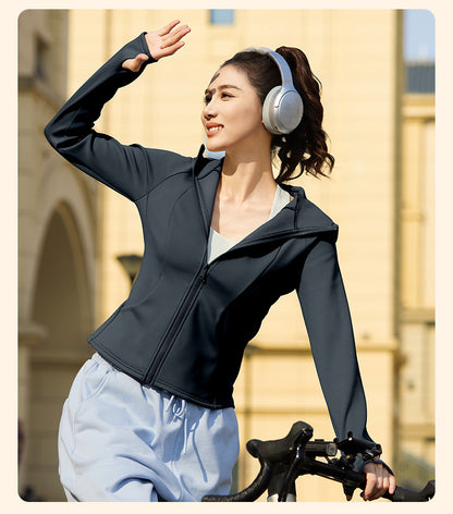 Women's New Winter Fleece Lined Thick Yoga Jacket, Slim Fit Zip Up, Windproof Hooded Sports Coat