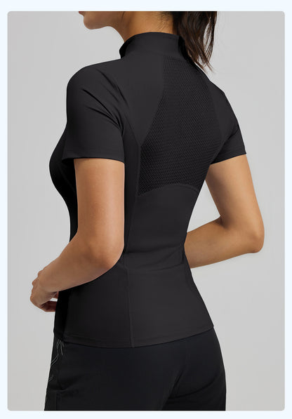 New Summer Women Half-Zip Yoga Short Sleeve T-Shirt, Slim Fit High-Stretch Breathable Fitness Athletic Top, Sweat-Wicking Sport Tee for Outdoor Running, Gym Training & Daily Workout