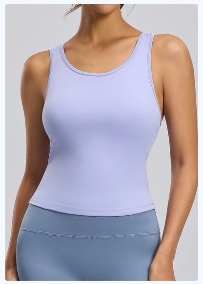 Peach Hip Yoga Tank Top, One-piece Fixed Cup Crew Neck Slim Anti-chafing Sports Vest