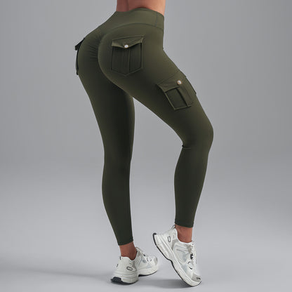 Brushed Cargo Pocket Yoga Pants, Women's Peach Hip Tight Quick Dry Butt Lifting Sports Fitness Leggings
