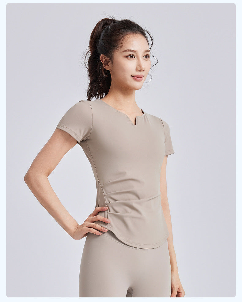 New Summer Women V-Neck Ruched Yoga Short Sleeve Top with Built-in Shelf Bra, Slim Fit Stretch Sports Fitness T-Shirt, Sweat-Wicking Athletic Tee for Running, Gym Training & Daily Active Wear