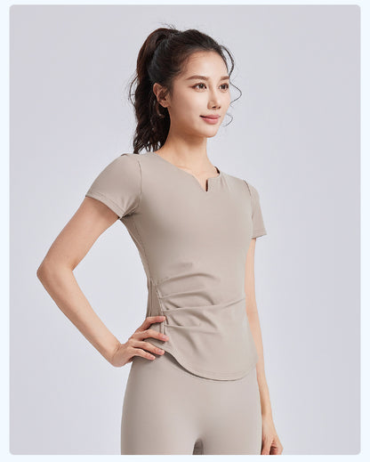 New Summer Women V-Neck Ruched Yoga Short Sleeve Top with Built-in Shelf Bra, Slim Fit Stretch Sports Fitness T-Shirt, Sweat-Wicking Athletic Tee for Running, Gym Training & Daily Active Wear