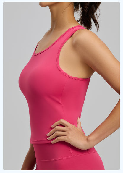Peach Hip Yoga Tank Top, One-piece Fixed Cup Crew Neck Slim Anti-chafing Sports Vest