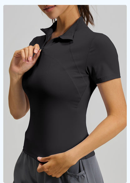 New Summer Women Half-Zip Yoga Short Sleeve T-Shirt, Slim Fit High-Stretch Breathable Fitness Athletic Top, Sweat-Wicking Sport Tee for Outdoor Running, Gym Training & Daily Workout
