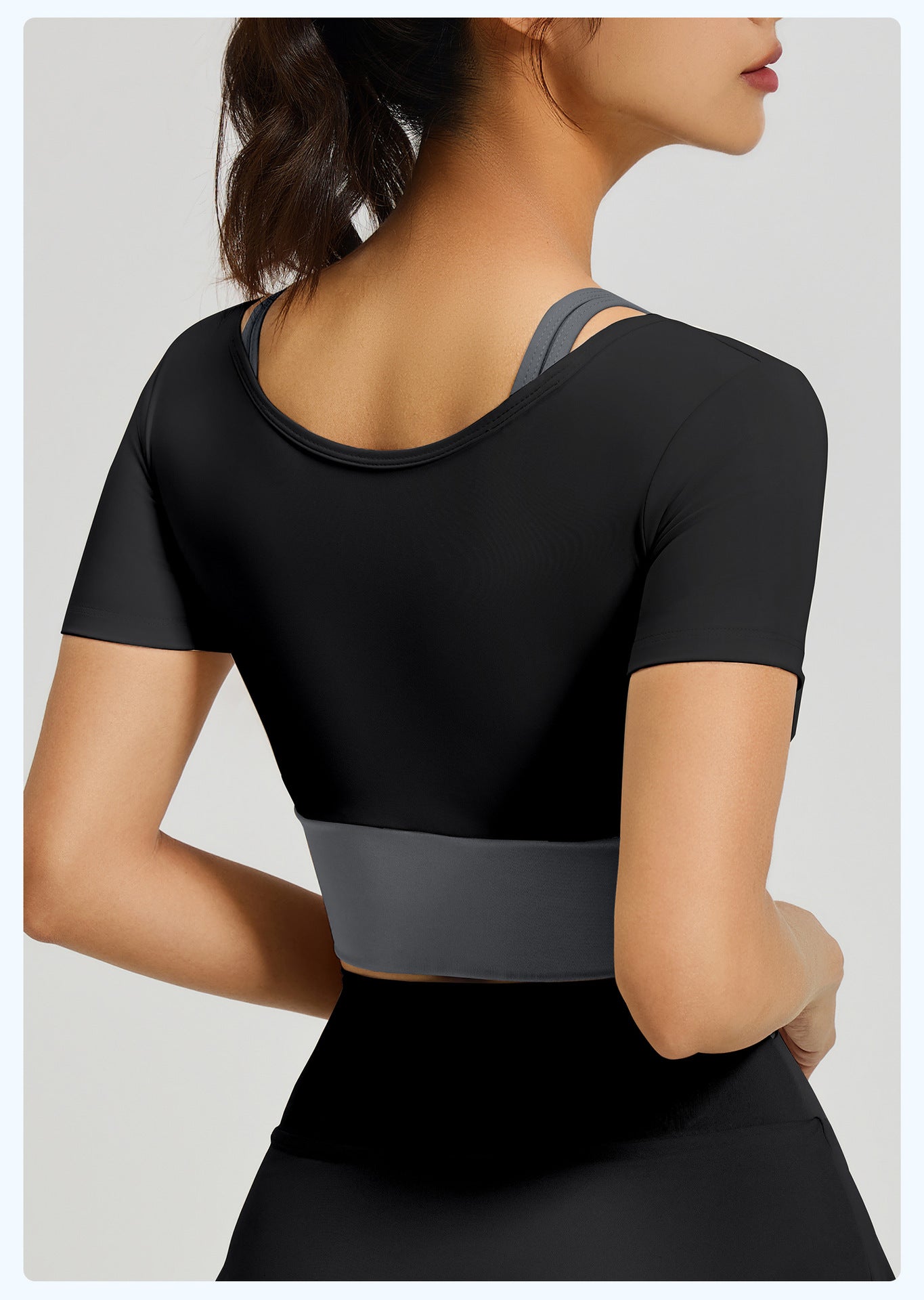 Women's Color Block Fake Two-Piece Yoga Short Sleeve, Breathable Shockproof Sports Top with Built-in Bra Pad, Fitness Workout Training Shirt