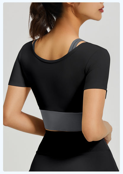 Women's Color Block Fake Two-Piece Yoga Short Sleeve, Breathable Shockproof Sports Top with Built-in Bra Pad, Fitness Workout Training Shirt