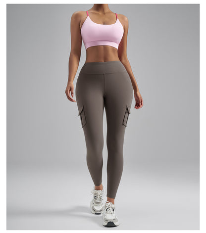 Brushed Cargo Pocket Yoga Pants, Women's Peach Hip Tight Quick Dry Butt Lifting Sports Fitness Leggings