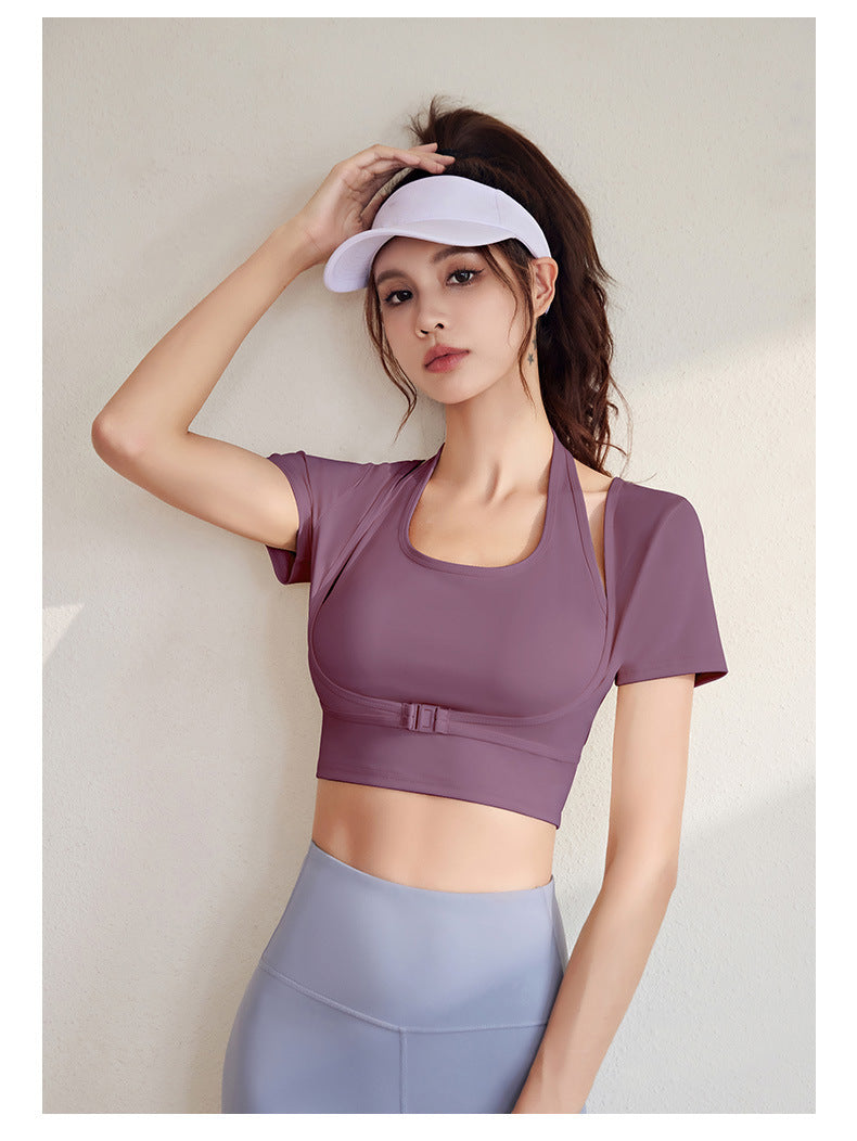 Women's Halter Neck Yoga Short Sleeve – Built-in Bra, Slim Fit Sports Top for Workout & Fitness