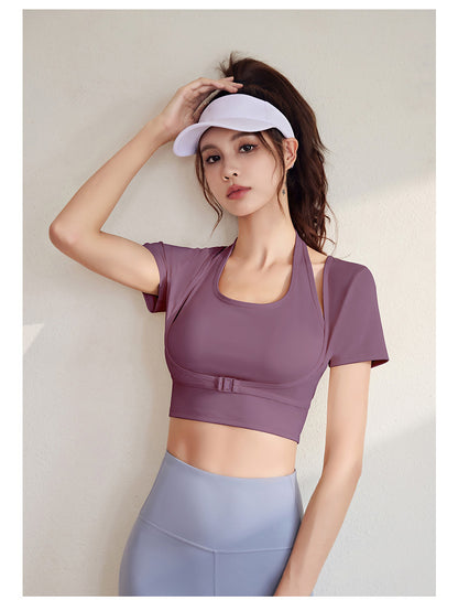 Women's Halter Neck Yoga Short Sleeve – Built-in Bra, Slim Fit Sports Top for Workout & Fitness