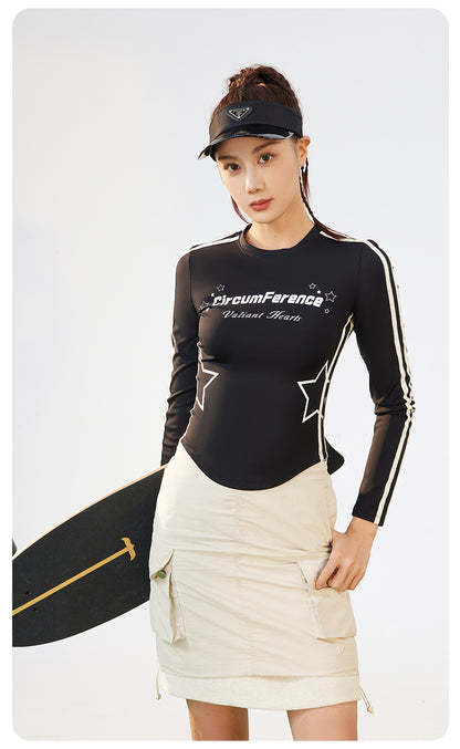 Women’s Ribbon Printed Crew Neck Long Sleeve Athletic Top, American Retro Ultra Soft Plush High Stretch Sports T-Shirt