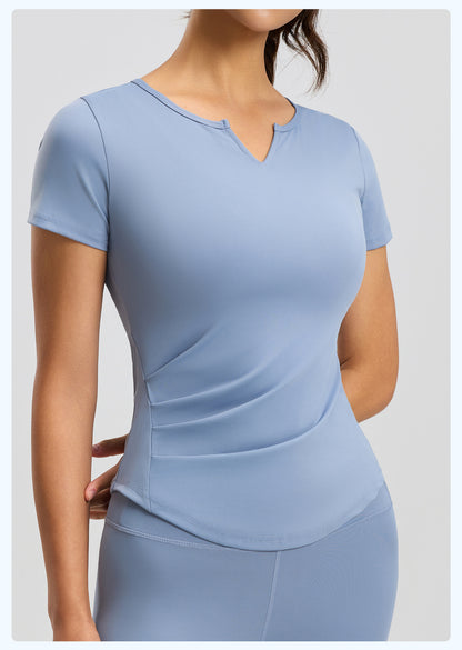 Women's V-Neck Ruched Yoga Short Sleeve – Naked Feel, Quick-Dry, Workout Running Top