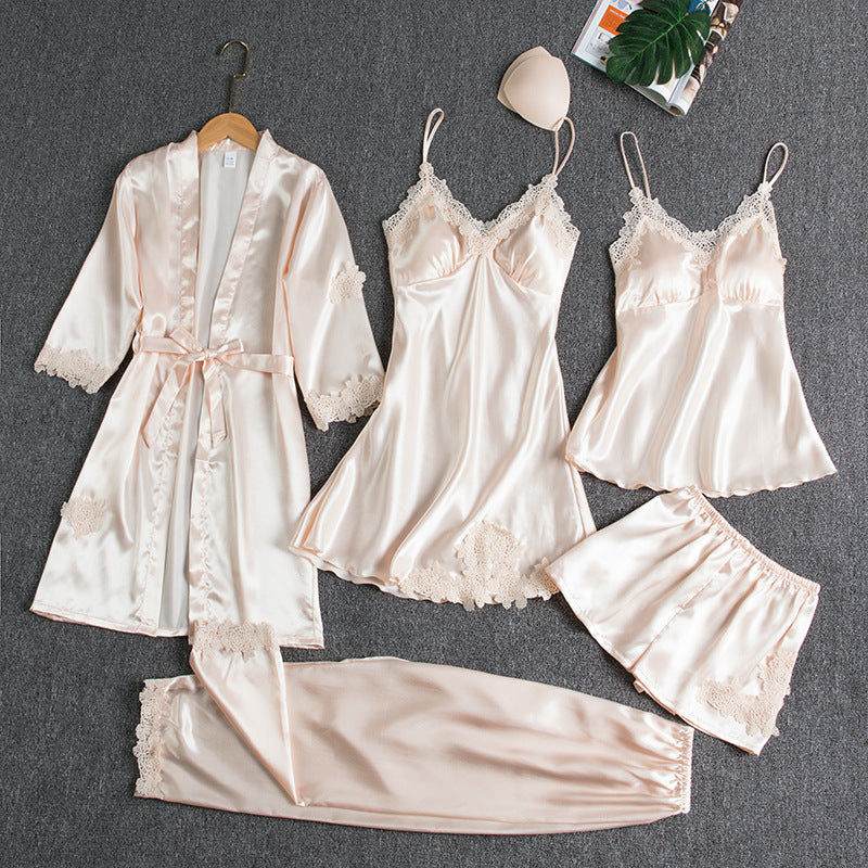 Girls' Battleship Spring/Summer sleepwear, Women's Sensual Five-Piece Silk Thin Nightgown with Padded Bra