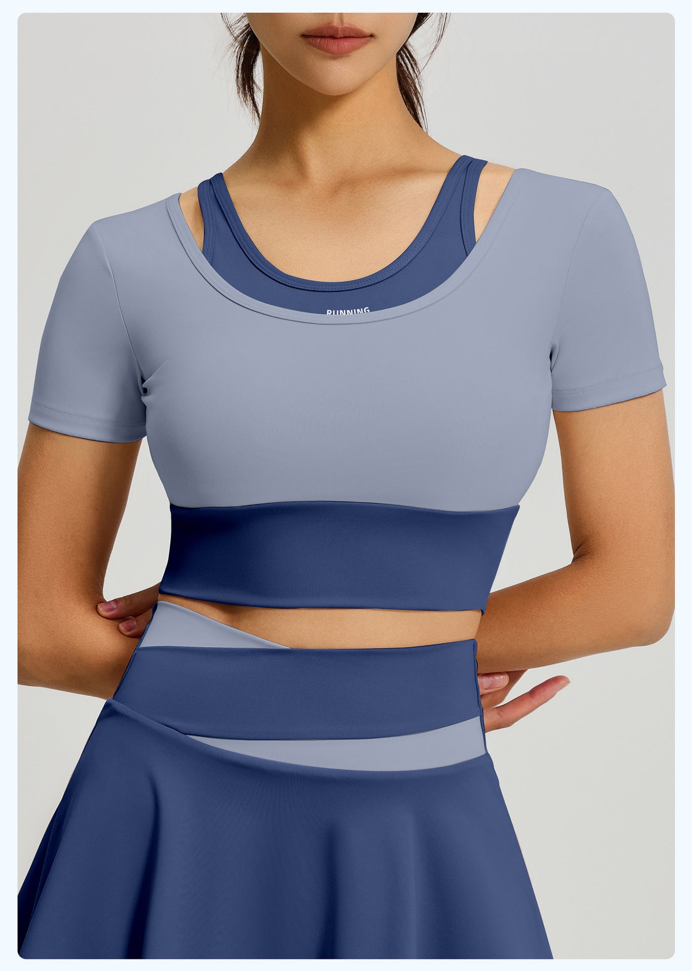 Women's Color Block Fake Two-Piece Yoga Short Sleeve, Breathable Shockproof Sports Top with Built-in Bra Pad, Fitness Workout Training Shirt