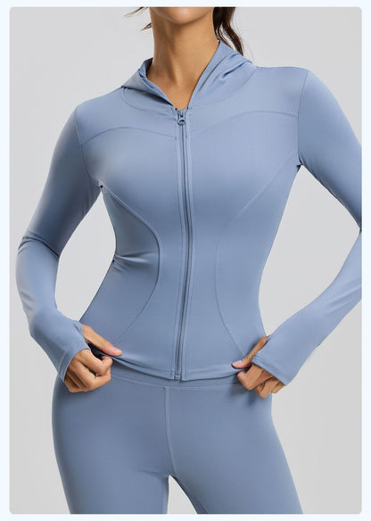 Women’s Slim Fit Hooded Yoga Jacket – Long Sleeve Sports Coat for Spring & Autumn, Running & Cycling
