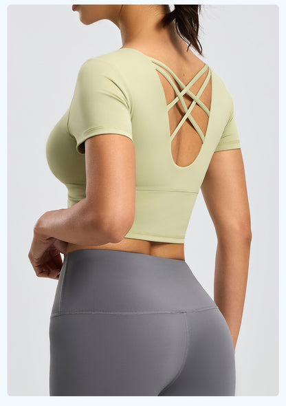 Women's Backless Beauty Yoga Short Sleeve, Naked Feel Slim Fit Sports Top with Built-in Pads, Stylish Workout Wear