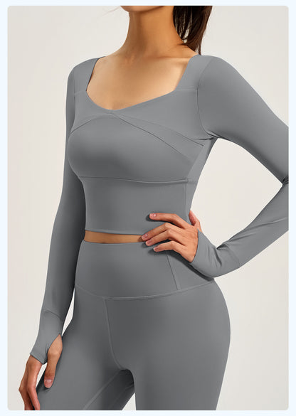 Women's Spliced Long Sleeve Yoga Top with Built-in Bra Pad, Breathable Slim Fit Sports Workout Shirt for Running Fitness