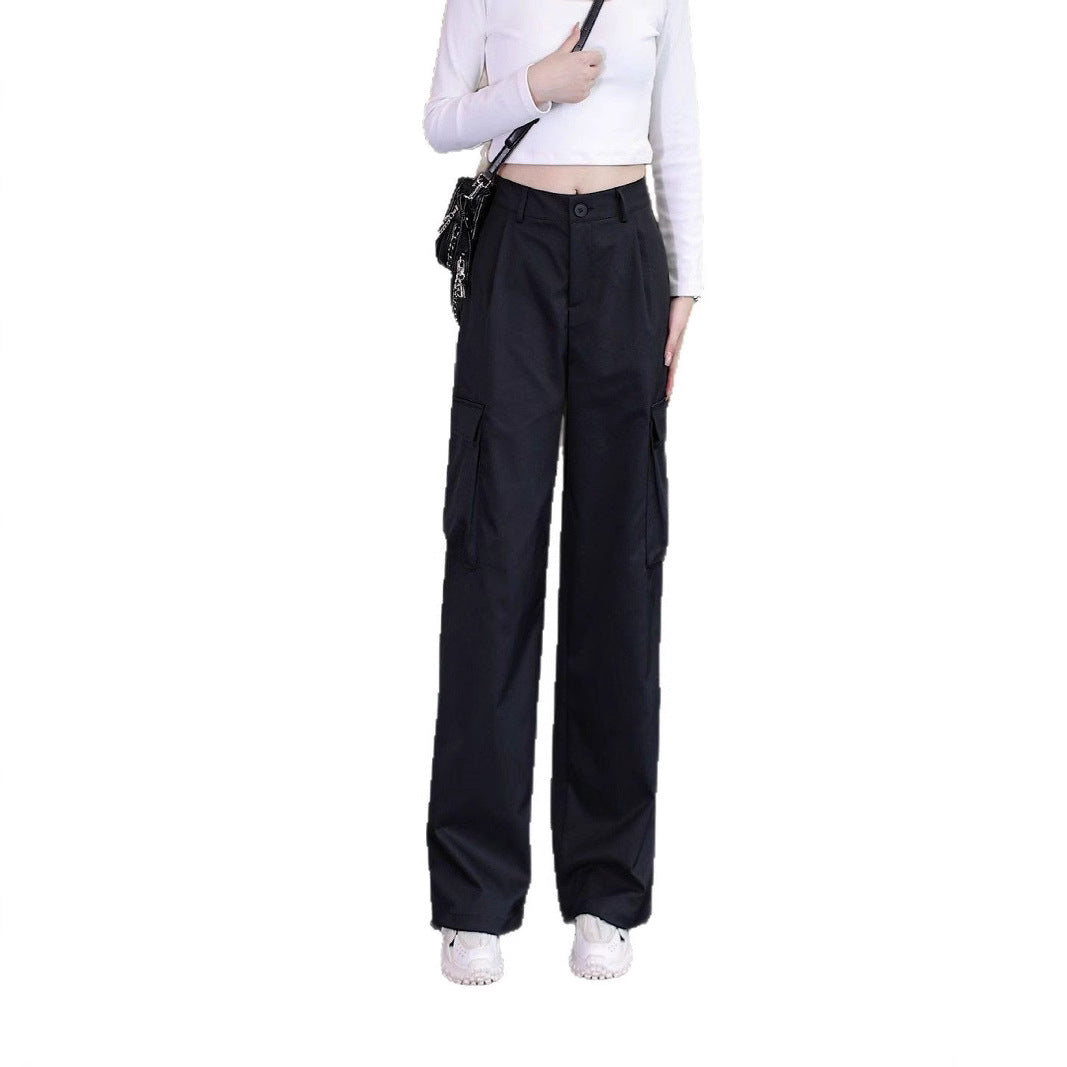 Women's multi-pocket cargo casual pants, spring and summer street style, loose pleated straight leg, versatile long pants, wide leg, casual and fashionable
