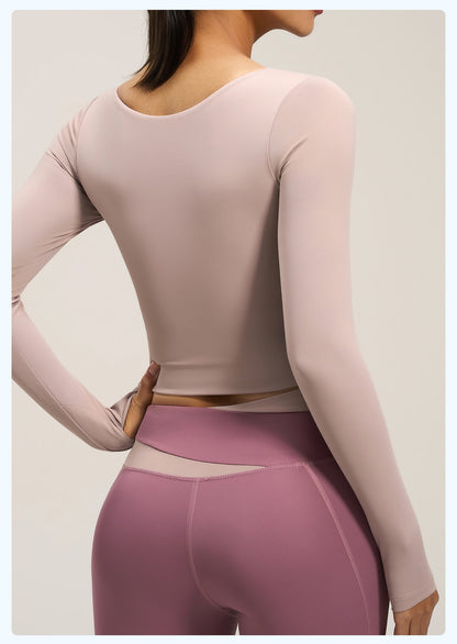 Women's Peach Color Block Long Sleeve Yoga Top, Naked Feel Slim Fit Sports Running Workout Shirt