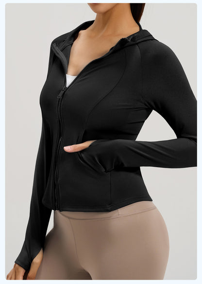 Women's New Spring Hooded Yoga Jacket with Pockets, Slim Fit Workout Sports Coat