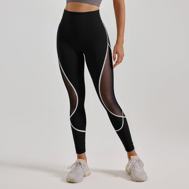Color Block Mesh Yoga Pants, High Waist Butt Lifting Sports Leggings for Running & Workout