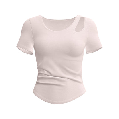 Women's Slimming Ruched Yoga Short Sleeve – Built-in One-Piece Cup Bra Pad, Summer Workout Fitness Top