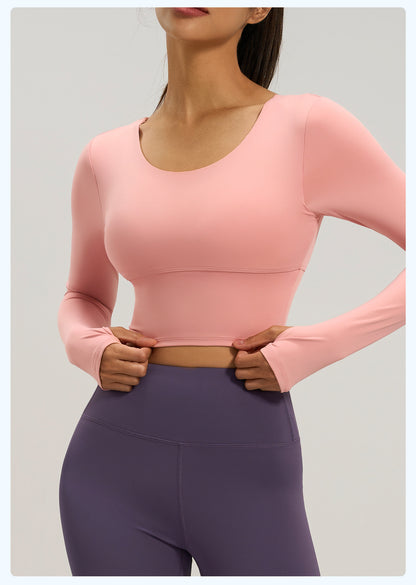 Women's Crisscross Beauty Back Long Sleeve Yoga Top, Built-in Bra, Slim Fit Sports Fitness Shirt