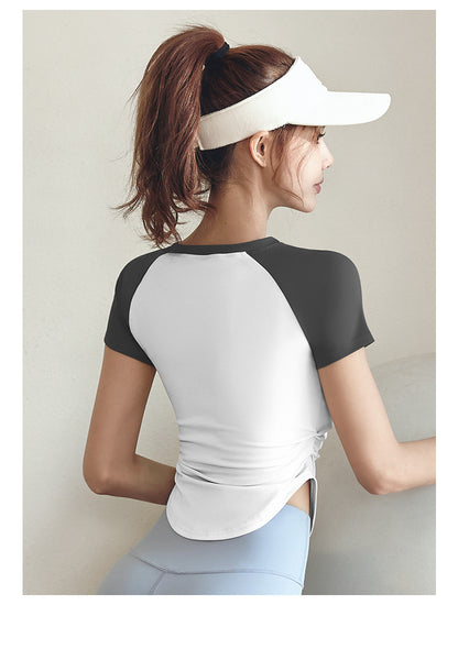 Women's Color Block Ruched Yoga Top | Slimming Waist, Naked-Sense Fabric, Sports & Outdoor Fitness