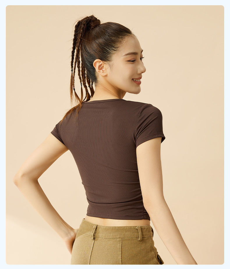 New Summer Women Striped Sports Short Sleeve T-Shirt, Breathable Slim Fit Stretch Yoga Athletic Top, Sweat-Wicking Fitness Activewear for Running, Gym Training & Daily Casual Wear