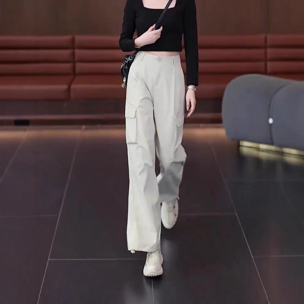 Women's multi-pocket cargo casual pants, spring and summer street style, loose pleated straight leg, versatile long pants, wide leg, casual and fashionable
