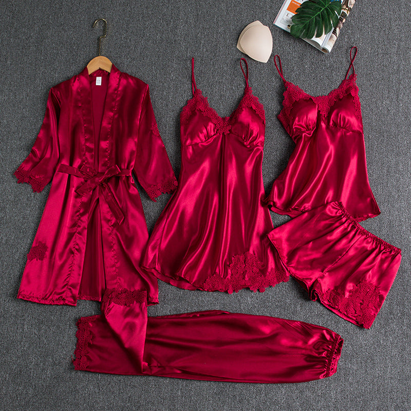 Girls' Battleship Spring/Summer sleepwear, Women's Sensual Five-Piece Silk Thin Nightgown with Padded Bra