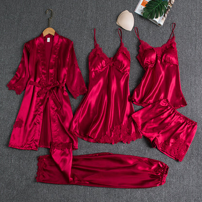 Girls' Battleship Spring/Summer sleepwear, Women's Sensual Five-Piece Silk Thin Nightgown with Padded Bra