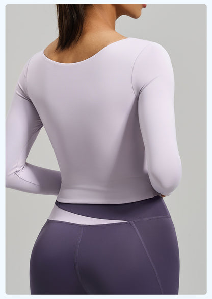Women's Peach Color Block Long Sleeve Yoga Top, Naked Feel Slim Fit Sports Running Workout Shirt