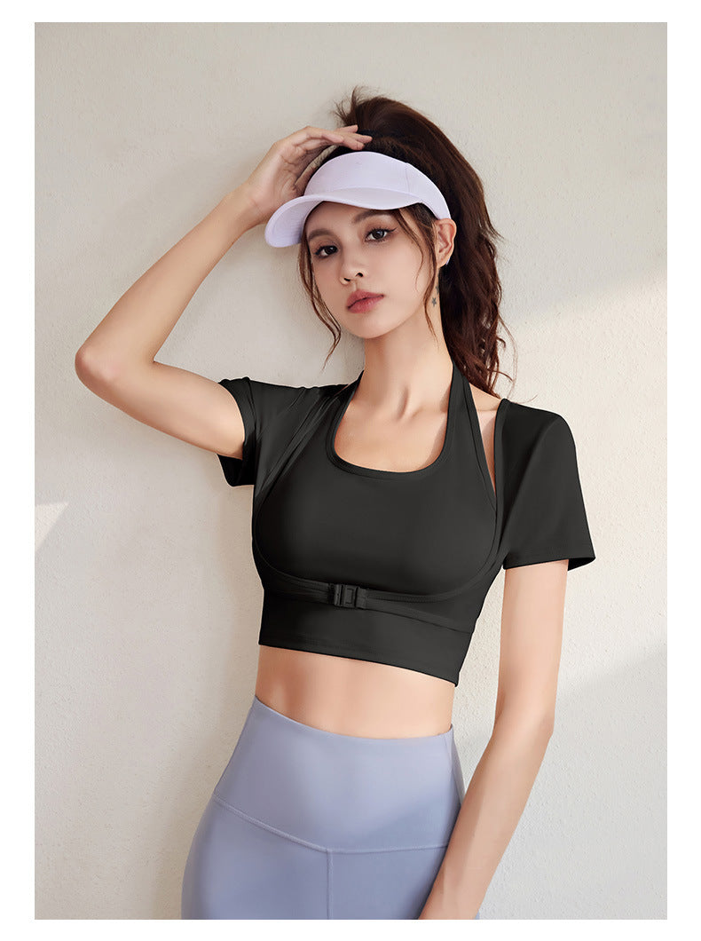 Women's Halter Neck Yoga Short Sleeve – Built-in Bra, Slim Fit Sports Top for Workout & Fitness