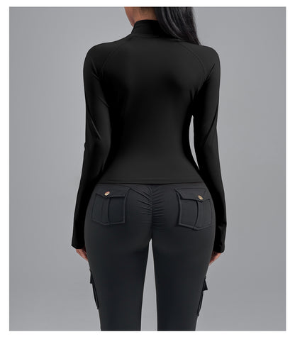 Plus Size Zip Up Sports Jacket, Stretch Slim Fit Yoga Top, Euro Size Figure-Flattering Long Sleeve Workout Coat for Women