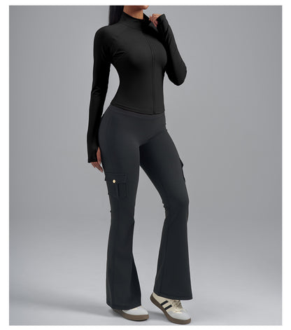 Plus Size Zip Up Sports Jacket, Stretch Slim Fit Yoga Top, Euro Size Figure-Flattering Long Sleeve Workout Coat for Women