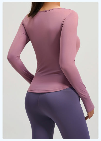 V-neck Long Sleeve Naked Feel Yoga Top, Ruched Waist Slim Fit Tight Sports Workout Shirt