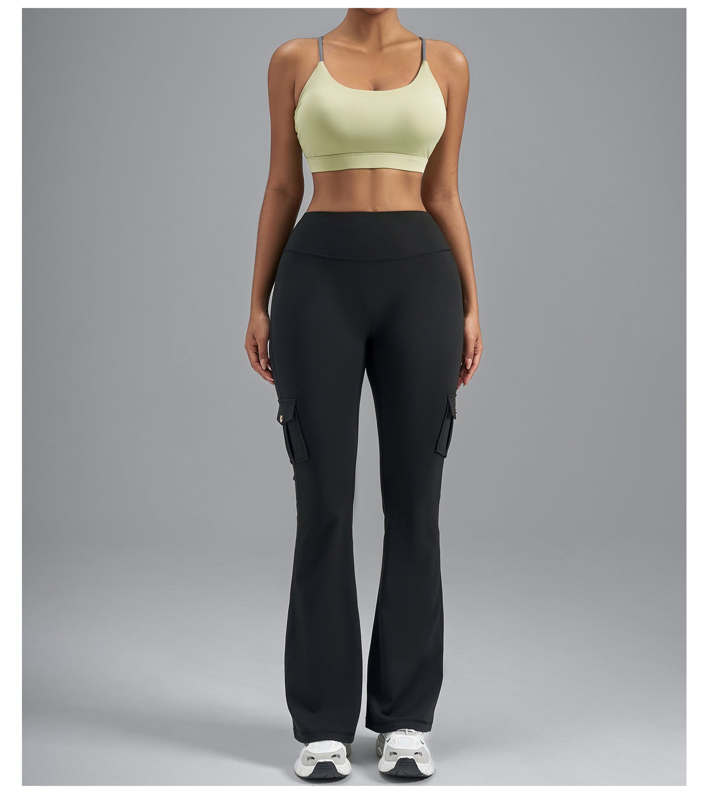 Single-Side Brushed Cargo Flare Yoga Pants, Breathable High Waist Butt Lifting Pocket Naked Feel Slim Fitness Leggings
